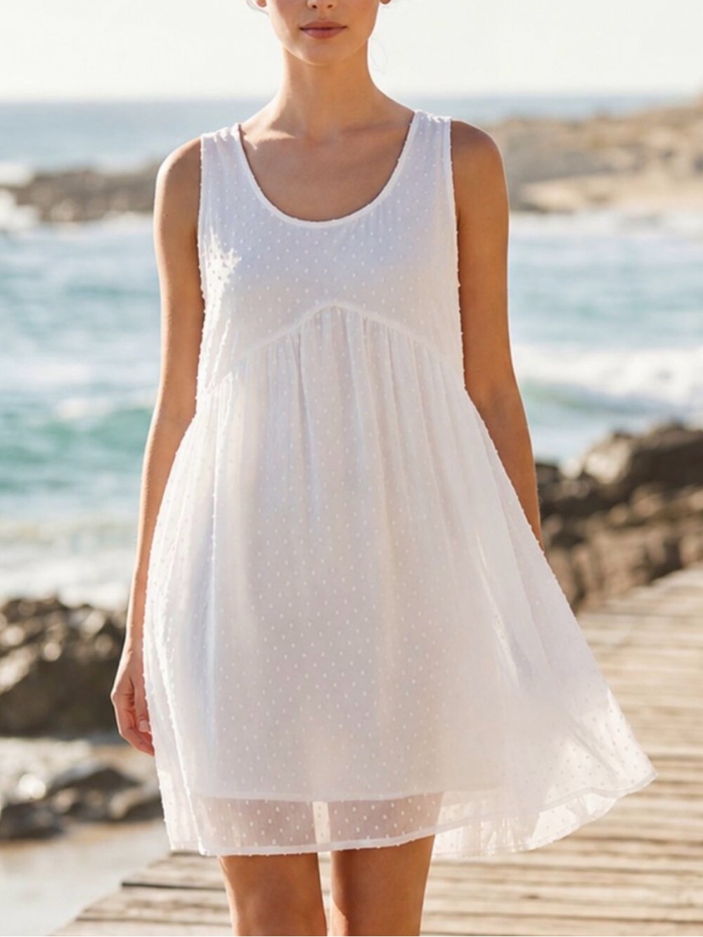 NWT Zenana Outfitters White Coastal Swiss Dot Sleeveless Slip Dress